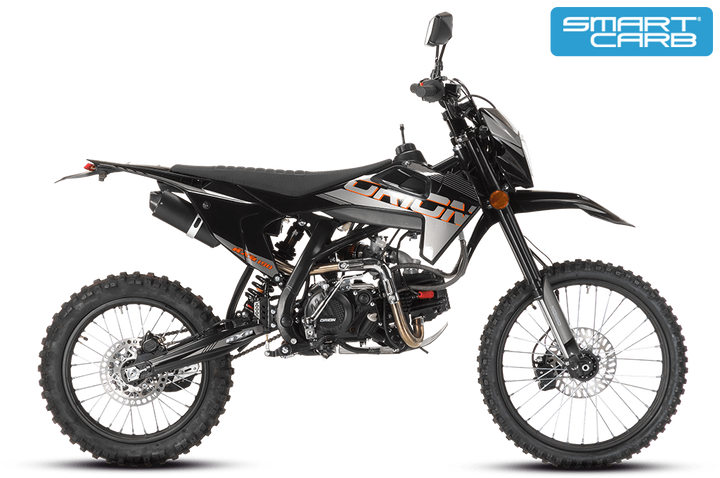 A black and silver Orion RXB190X/L manual dirt bike with a SmartCarb SC3 carburetor.
