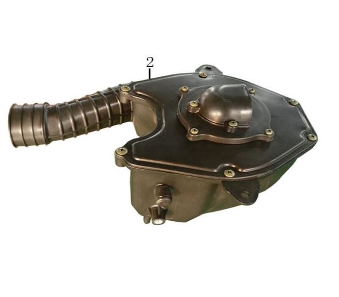 Bronze mechanical component with a hose on a white background