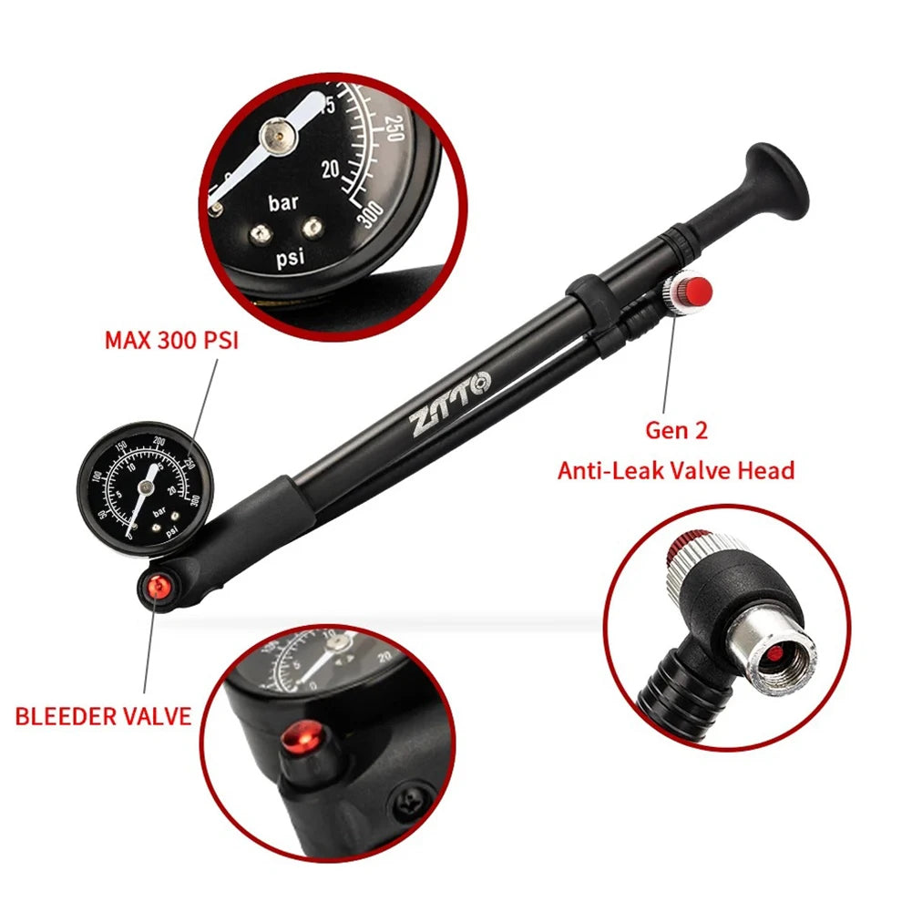300PSI Bicycle Air Pump with Gauge MTB Bike Shock Pump High Pressure Bike Tire Air Pump for Mountain Bike Front/Rear Suspension
