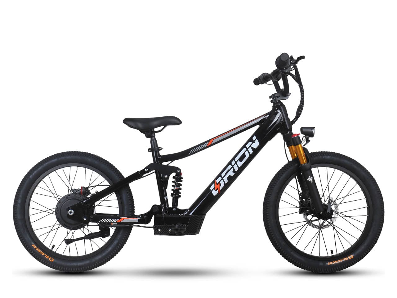 Black electric bike with 'Orion' branding on a white background