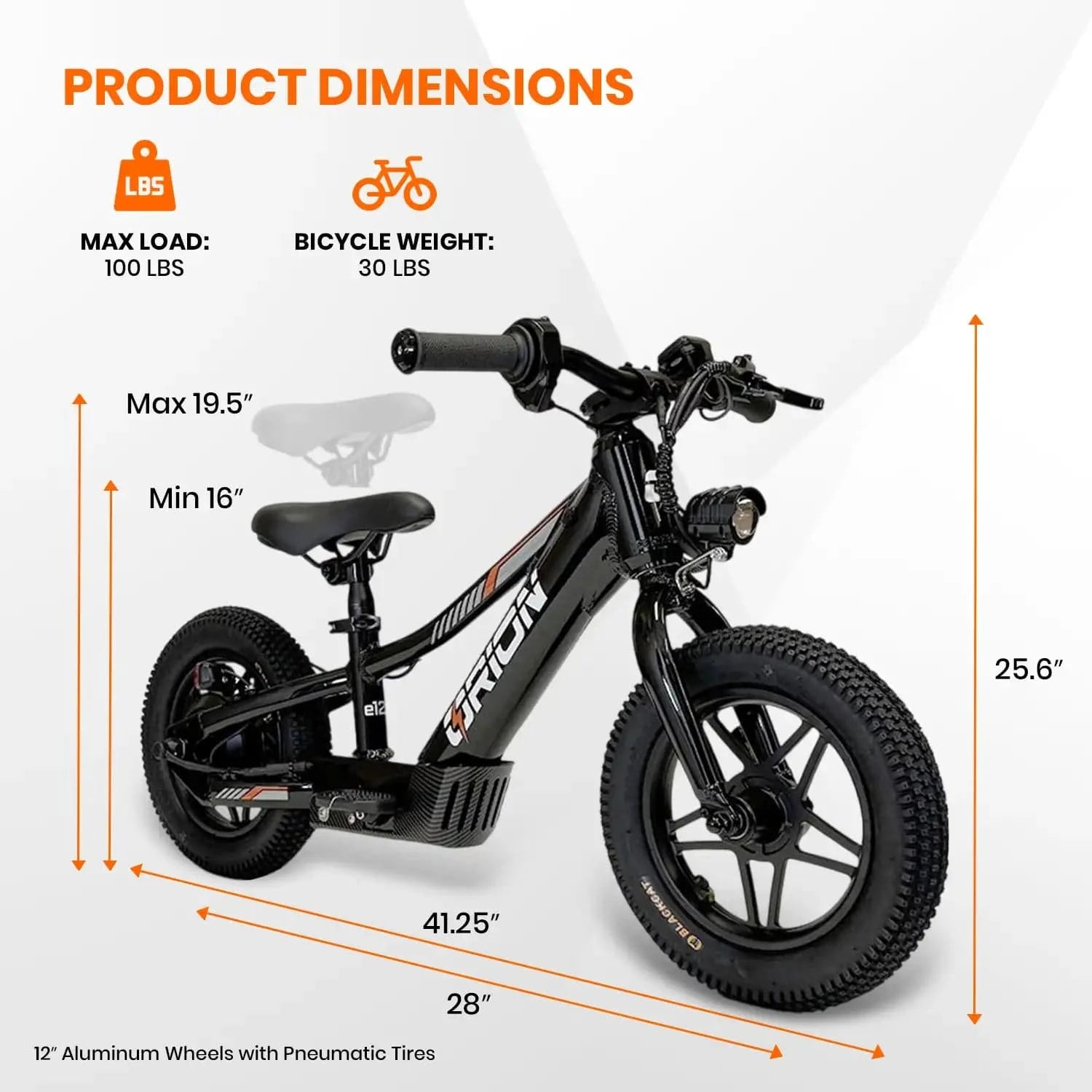 Children's balance bike with dimensions and weight specifications on a white background