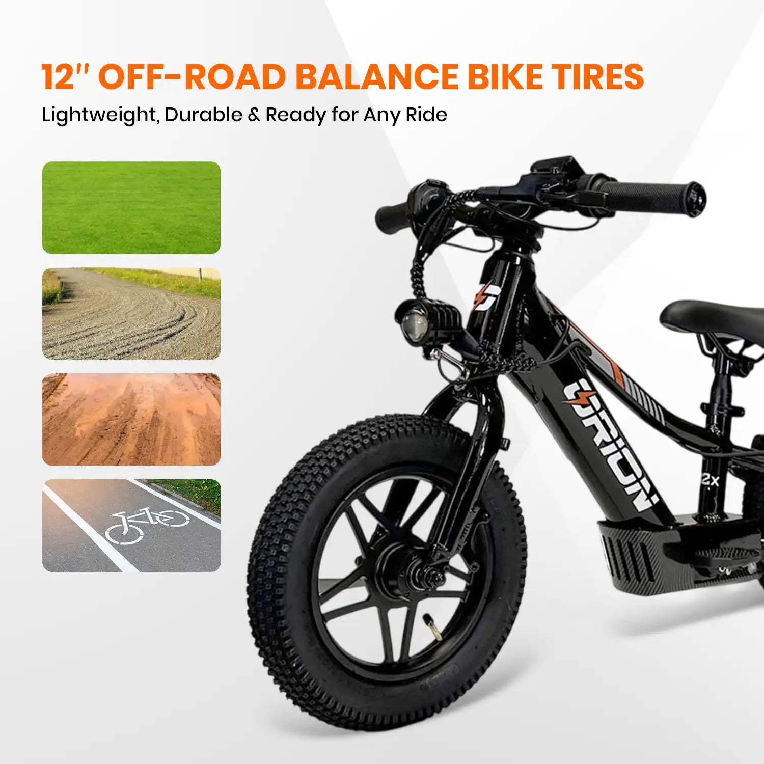 Black off-road balance bike with large tires on a white background, featuring the brand 'Orion'.