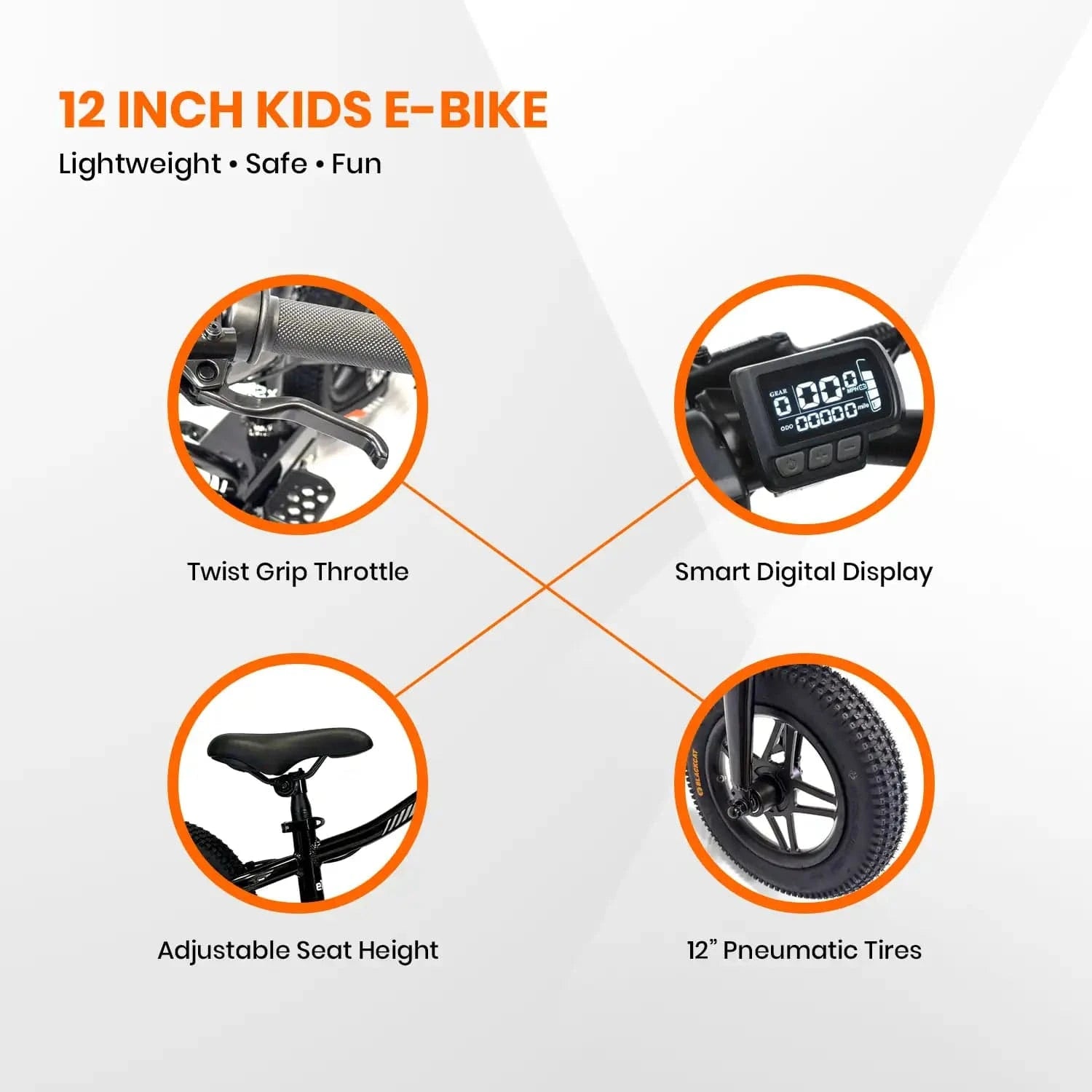 12-inch kids e-bike features with twist grip throttle, smart digital display, adjustable seat height, and 12-inch pneumatic tires on a white background.