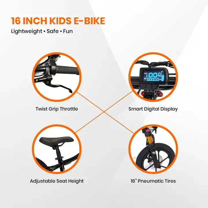 16 inch kids e-bike features with twist grip throttle, smart digital display, adjustable seat height, and 16" pneumatic tires on a white background.