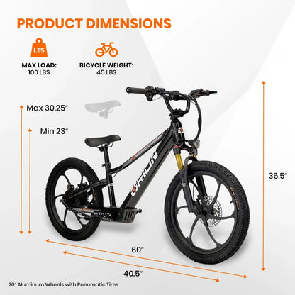 Black bicycle with dimensions labeled on a white background
