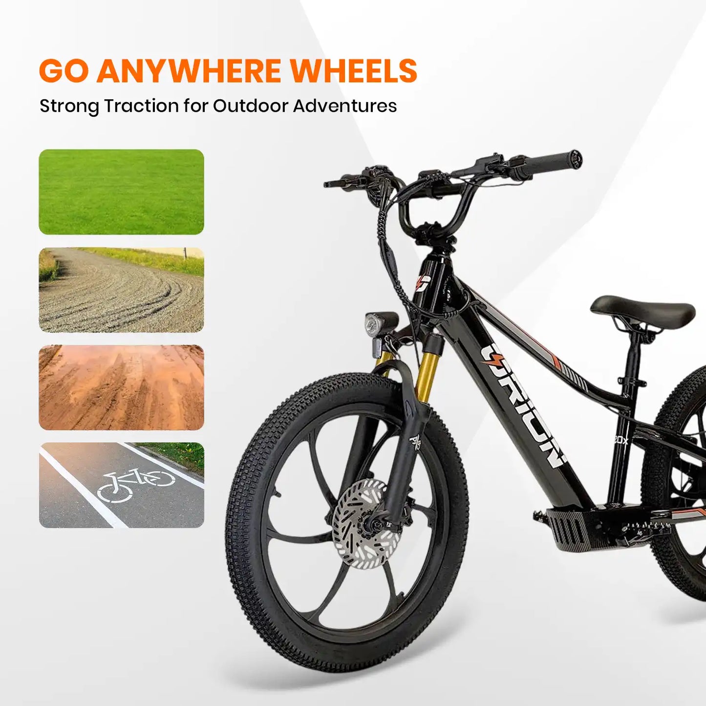 Electric bike with text 'Go Anywhere Wheels' and 'Strong Traction for Outdoor Adventures' on a white background.