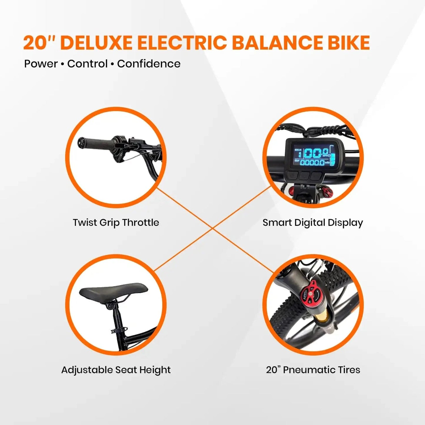 20-inch deluxe electric balance bike features with text and icons on a white background