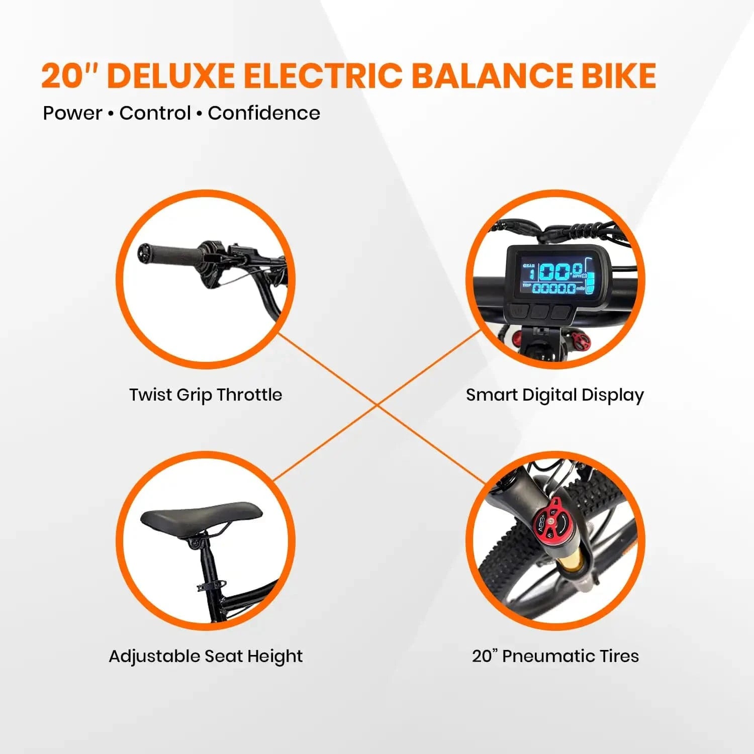 20-inch deluxe electric balance bike features with text and icons on a white background