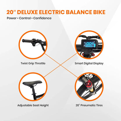 20-inch deluxe electric balance bike features with text and icons on a white background