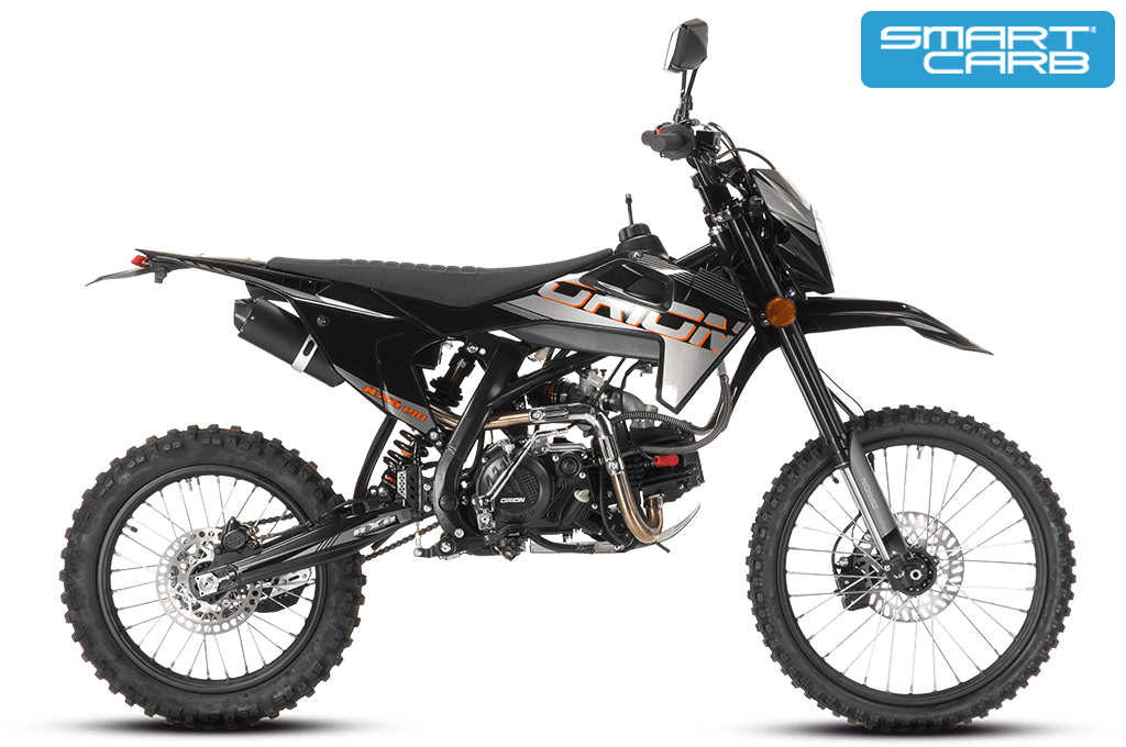 A black and silver Orion RXB190X/L manual dirt bike with a SmartCarb SC3 carburetor.